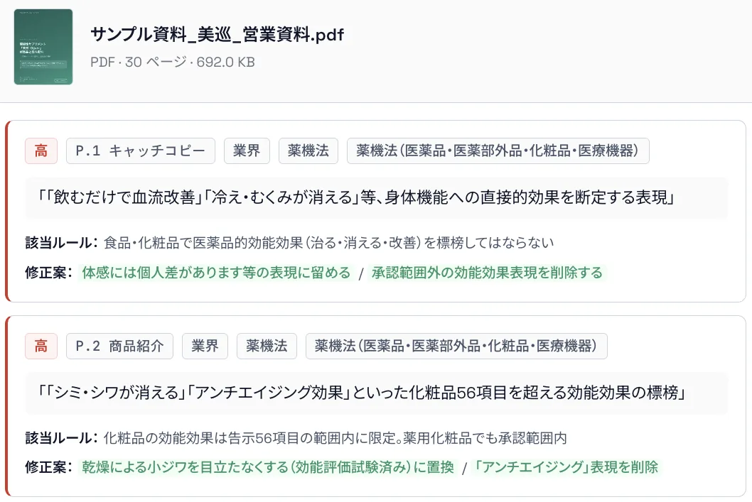資料審査の結果画面:違反箇所と該当ルール・修正案の指摘